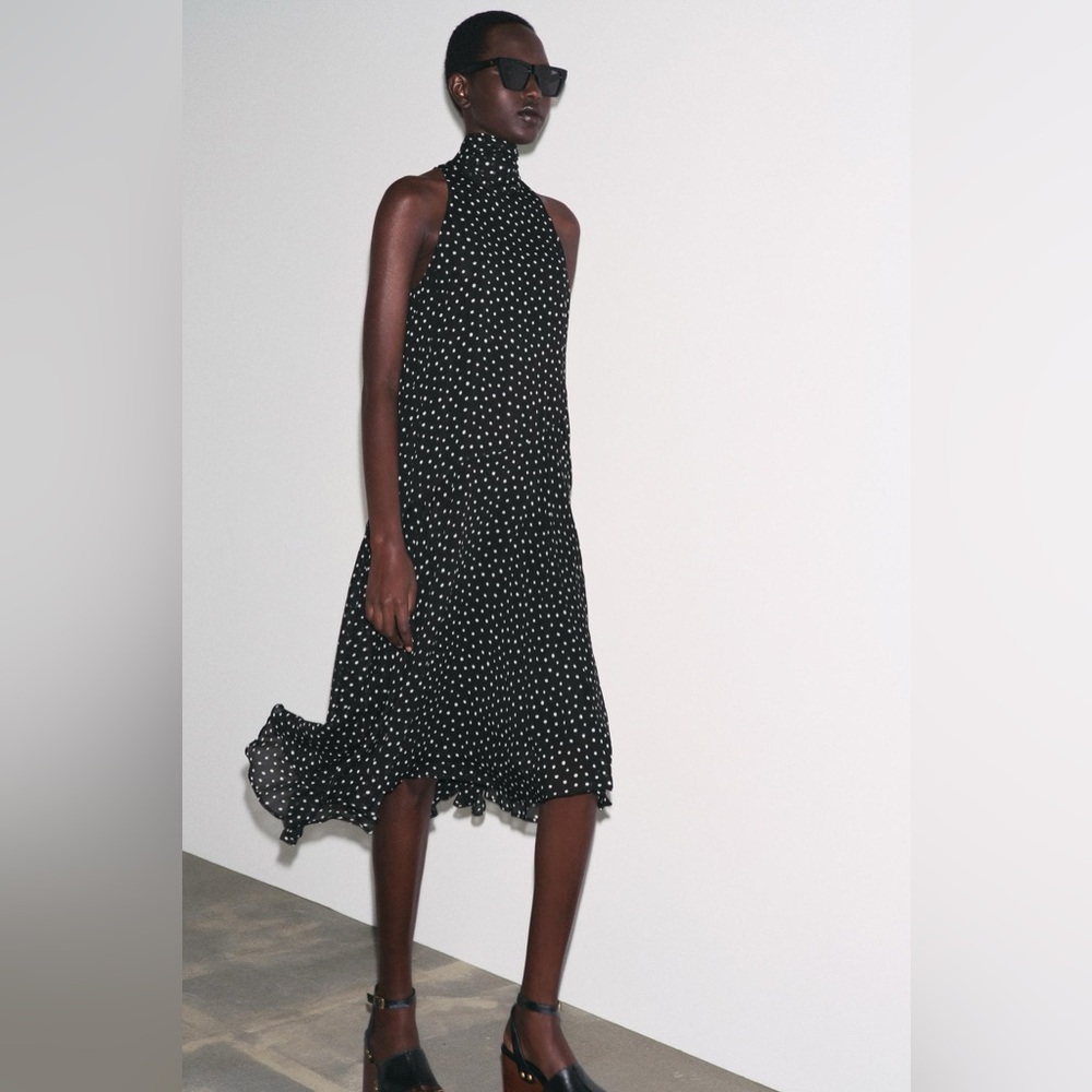 Zara ZW Collection Size Large Halter Polka Dot Sleeveless Midi Dress w/Scarf NEW - Picture 2 of 15